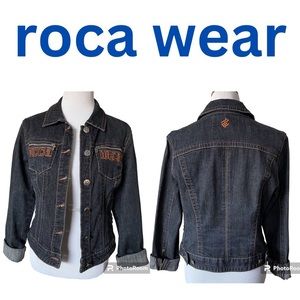 Roca Wear dark wash denim jean jacket zipper cuffs Size L